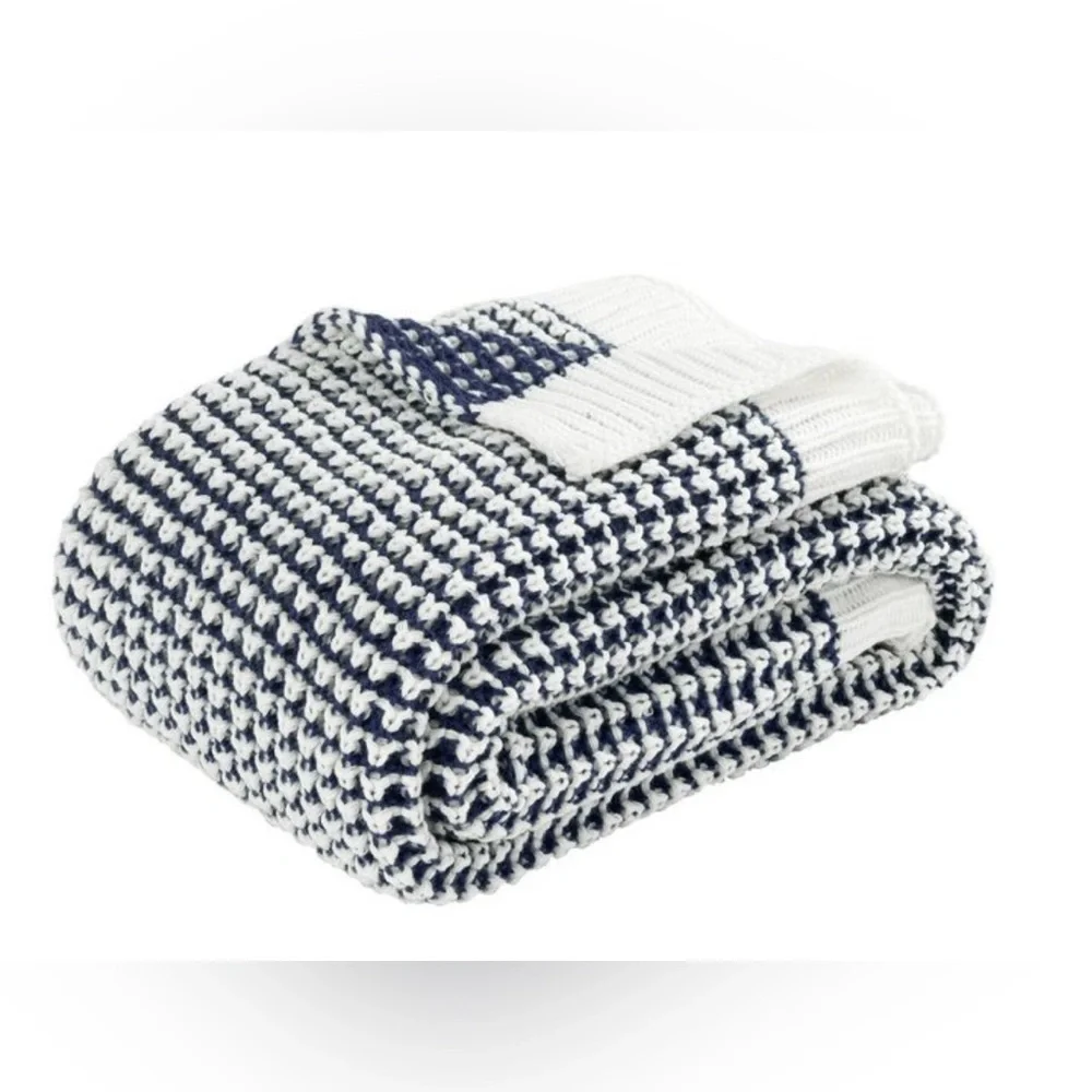 NWT Lush Decor Navy White Knitted Throw Blanket Home Cozy Knit Winter Warm Boho